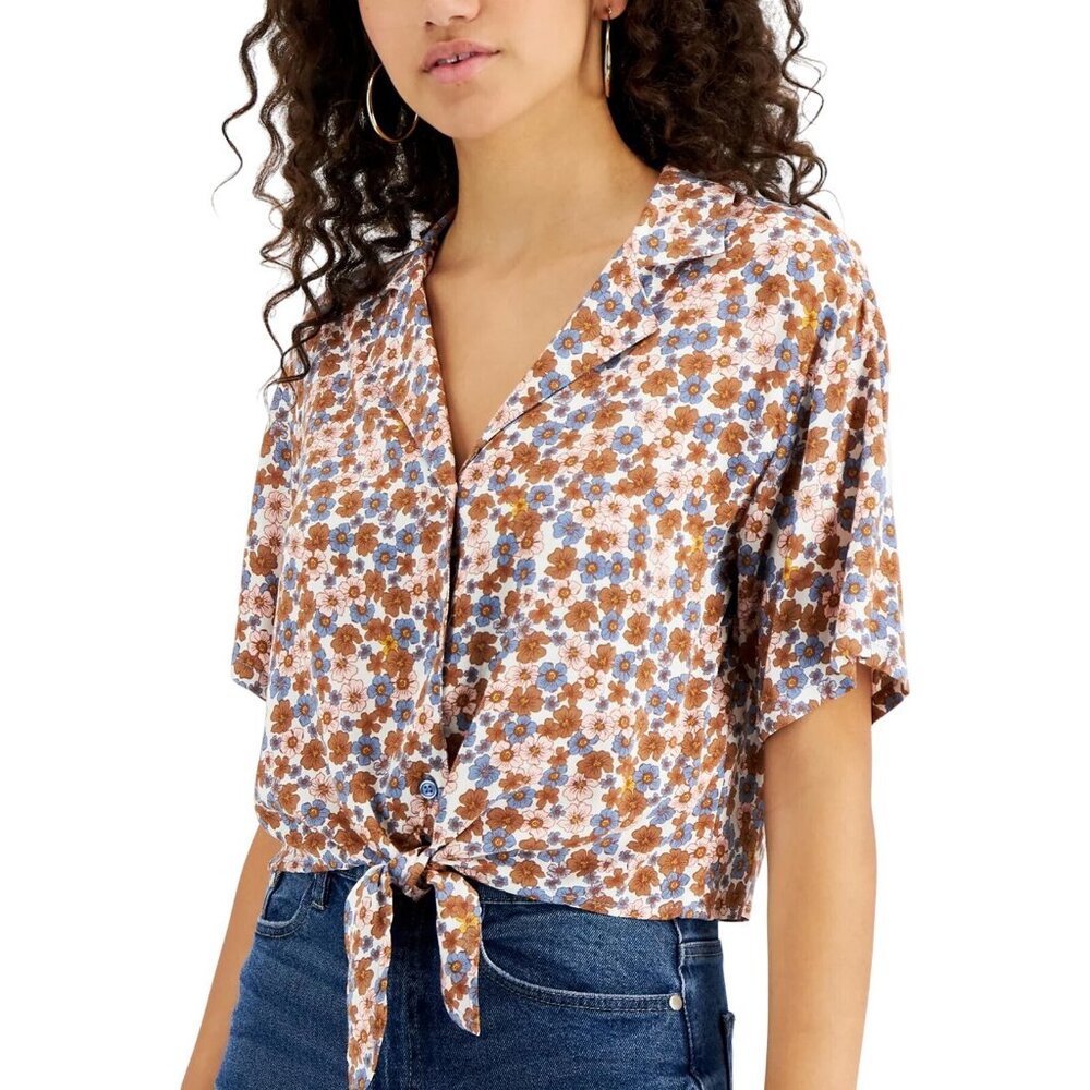 SELFIE Womens Cropped Tie Front Button-Down Top, Size XS, NWT